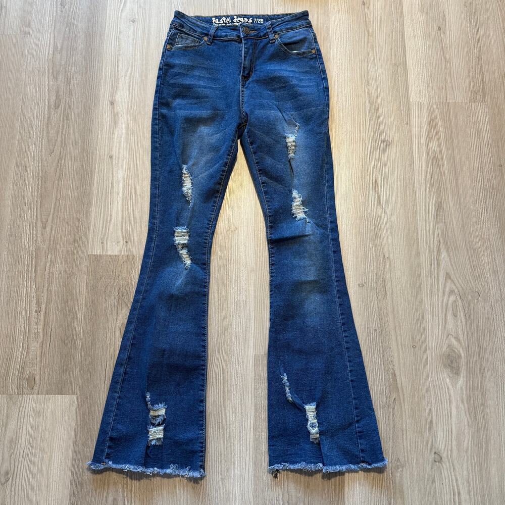 Women's Pastel Dark Blue Distressed Denim Stretch Flare Tight Blue Jeans Sz 7/28